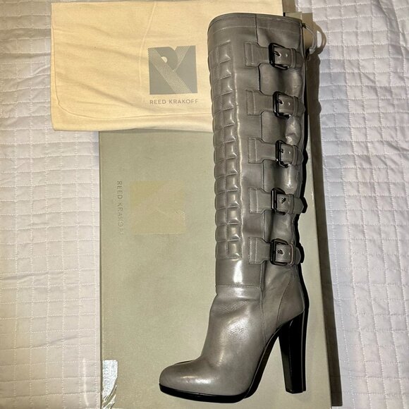 NIB Reed Krakoff Dark Gray Teal Leather Motorcycle Boot Buckle 7 Coach Designer - Picture 15 of 16